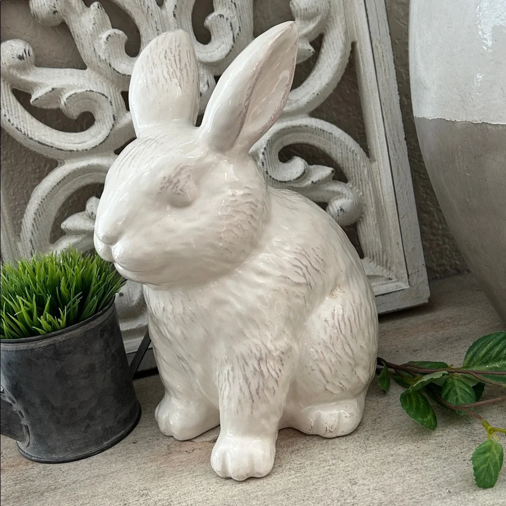 Farmhouse Shabby Chic Cottage Easter Creamy White Ceramic Bunny Figurine decor